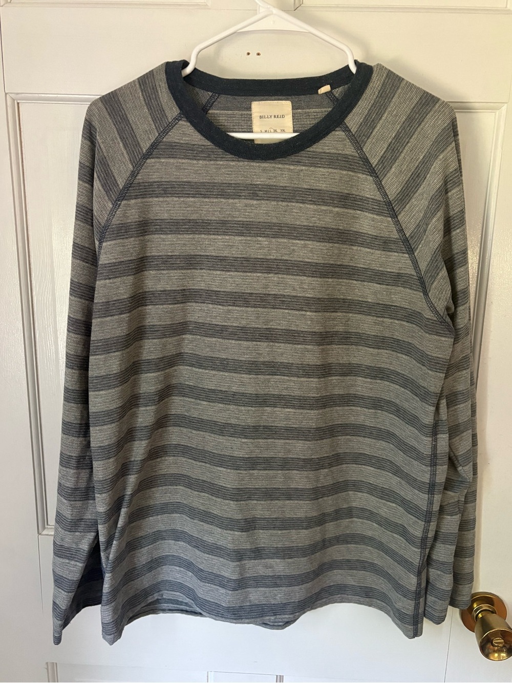 Billy Reid Striped Long Sleeve Crew Neck Top Navy Blue Grey Gray, Size Large (L)